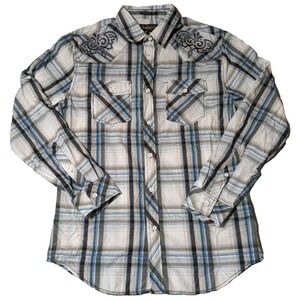 HELIX ATHLETIC FIT Men Medium White‎ Blue Plaid Embroidered Western Shirt NEW